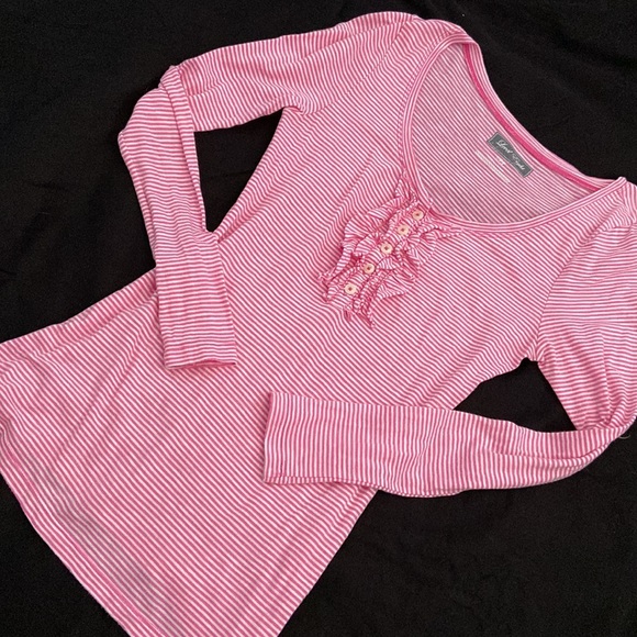 Long sleeve cotton stripe ruffle Henley scoop neck T-shirt Barbie Barbiecore - Picture 9 of 15
